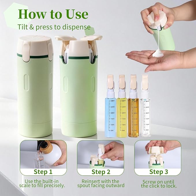 4 in 1 Travel Dispenser, 4 Pack 30ML Travel Bottles for Toiletries, Leak Proof Travel Size Containers, Portable for Shampoo Lotion Conditioner Cream, Green