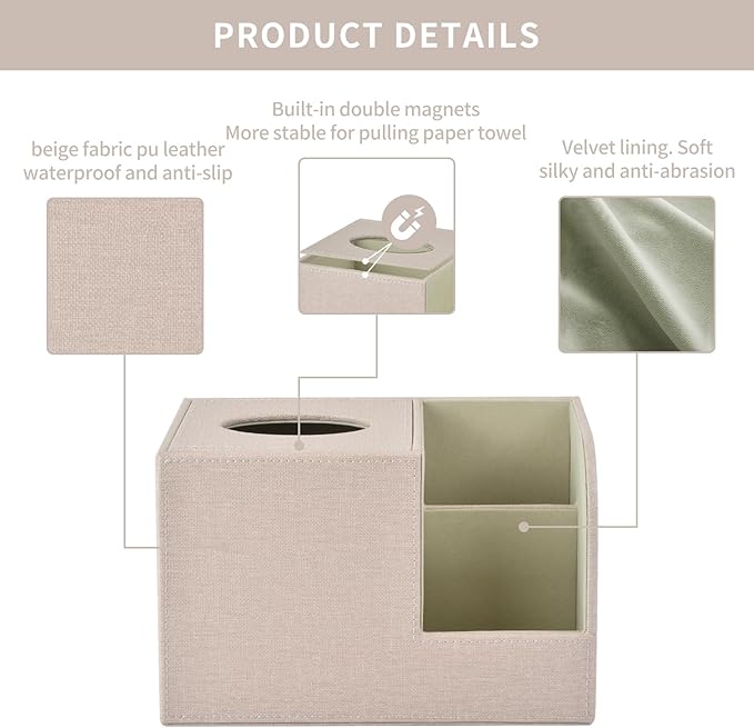 PU Leather Square Tissue Box Cover,Multifunctional Tissue Box Holder,Tissue Box with Storage,Tissue and Remote Control Holder,Tissue Box Decorative Desk Organizer for Home&Office,Beige