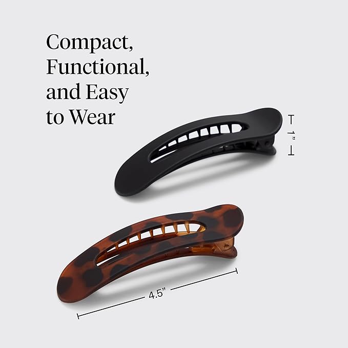 Kitsch Flat Hair Clips for Women - Strong Hold, No Slip Grip Flat Claw Clips For Secure and Comfortable Look | Durable Recycled Plastic Hair Accessories | Ideal Gifts for Women - Black & Tortoise, 2pc