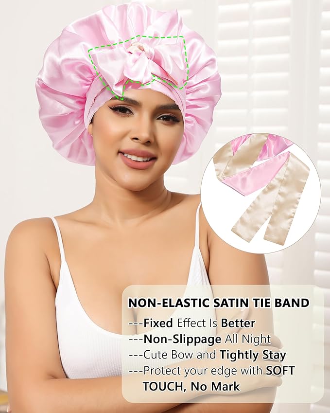 Satin Bonnet Silk Hair Wrap for Sleeping - Reversible Bonnets for Curly Hair - Double Layer Night Cap with Tie Band (Champagne + Pink)