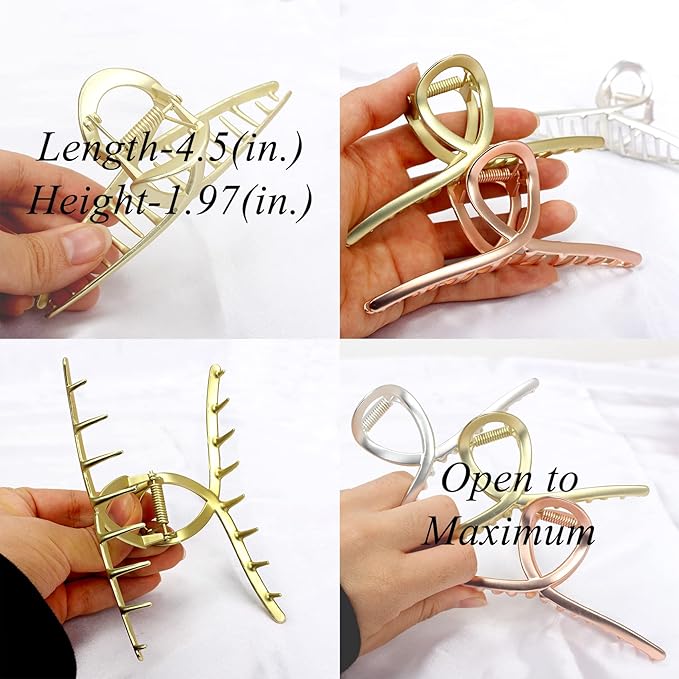 Hair Claw Big Shark Hair Barrette Clamps - Strong Hold Metal Barrettes for Women and Girls, Large Hair Accessories 3 Pcs (Matte Silver, Gold, Rose Gold)