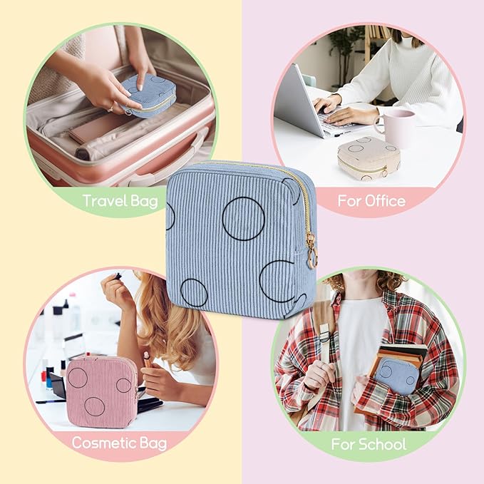 Period Bag for Teen Girls Shark Week Pouch Corduroy Portable Sanitary Pad Bags for Period Teen Period Pads Pouch for Panty Liners, Tampons, Menstrual Cup - Beige