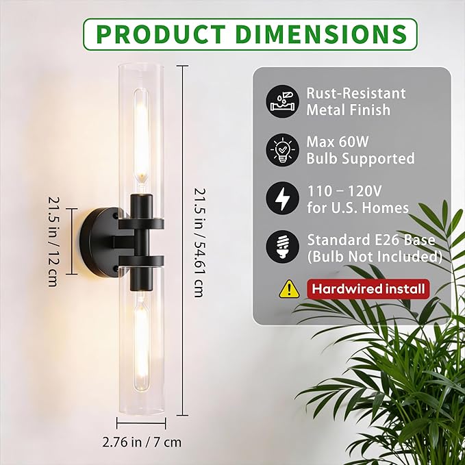 Wall Sconces Set of 2, Hardwired Bathroom Light Fixtures, Modern Bathroom Vanity Wall Lighting with Clear Glass Shade, Farmhouse Wall Sconce for Mirror Bedroom Hallway, Matte Black, E26 Base