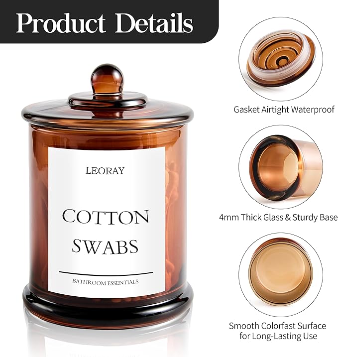 LEORAY 2 Pack Glass Qtip Holder Dispenser with Lids, Airtight Waterproof, 16 Oz Vanity Organizer Bathroom Canisters for Cotton Swabs, Balls, Pads, Floss Picks, Restroom Kitchen Storage Jars, Amber