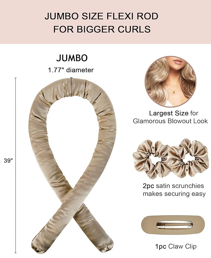 Jumbo Flexi Rods Hair Rollers Curlers to Sleep In Soft Satin Heatless Curling Rod Set, Heatless Curls Overnight Blowout Rods for Long Hair No Heat Overnight Curls, Heatless Hair Curler Curling Iron