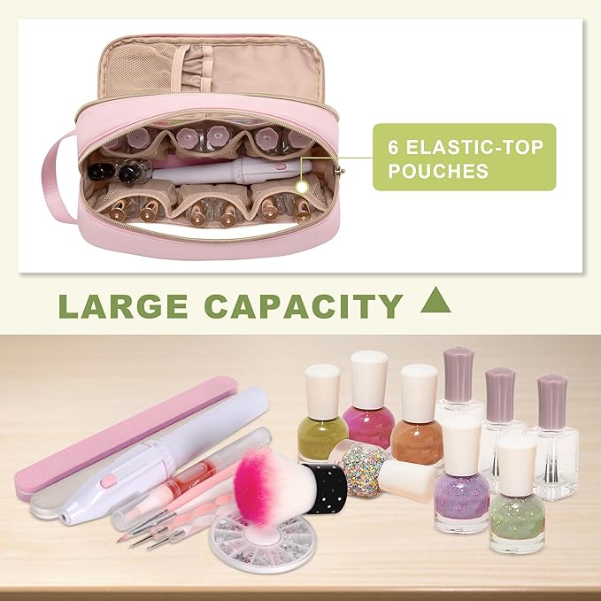 Nail Polish Organizer Case Fits 12 Bottles (15ml), Nail Polish Supplies Storage Bag with Clear Window, Pink