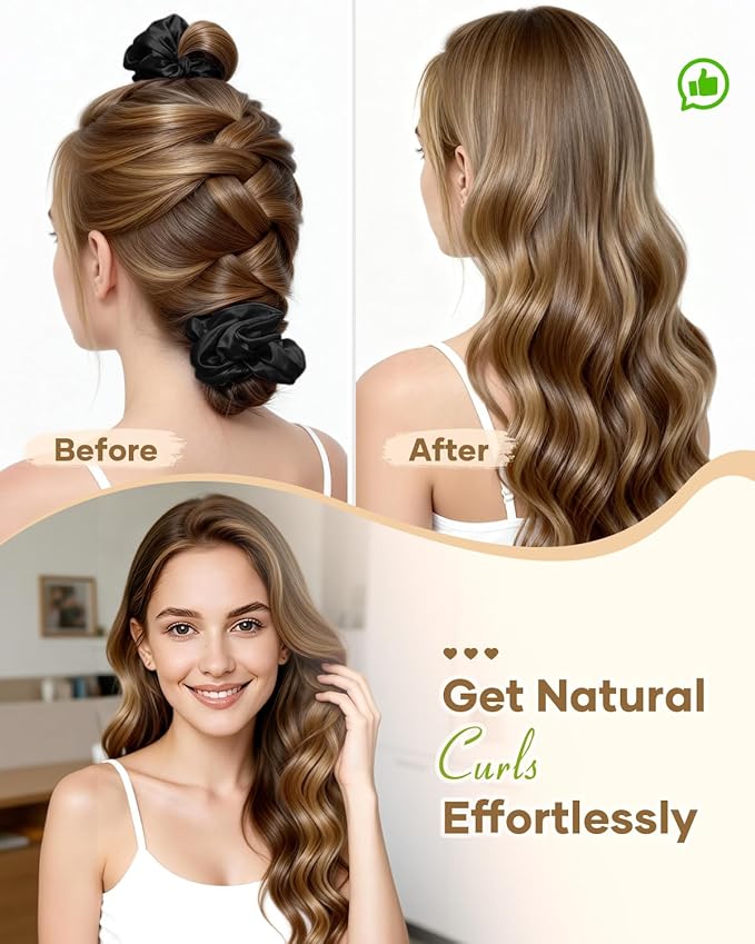 BONNET QUEEN Satin Heatless Hair Curler, Overnight Curls for Long Hair, ultra soft Heatless Curling Rod & 2 Scrunchies,Damage-Free Styling, Soft Hair Curlers for Overnight Use(Black)