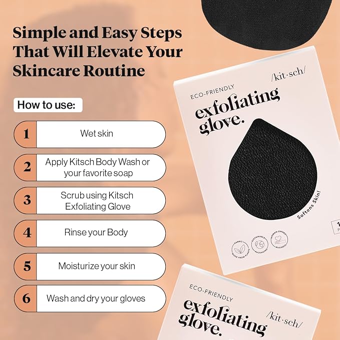 Kitsch Exfoliating Glove 1pc – Korean Exfoliating Mitt & Deep Exfoliating Body Scrubber for Shower, Bath | Body Exfoliator Glove, Dead Skin Remover | Skin Care for Smooth Skin - Black