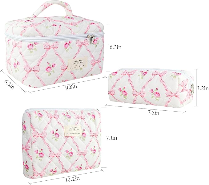3Pcs Cotton Quilted Makeup Bag Large Travel Cosmetic Bag Coquette Makeup Pouch Cute Aesthetic Floral Toiletry Bag for Women Girls (flower-R)