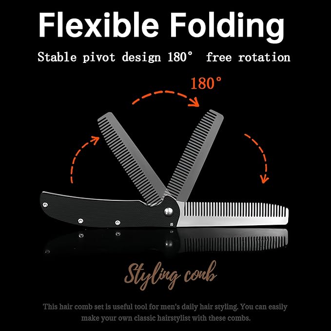Folding Pocket Comb for Men - Stainless Steel Travel Hair & Beard Styling Tool, Compact 180° Rotating Design, Smooth Rounded Teeth, Portable Grooming Comb