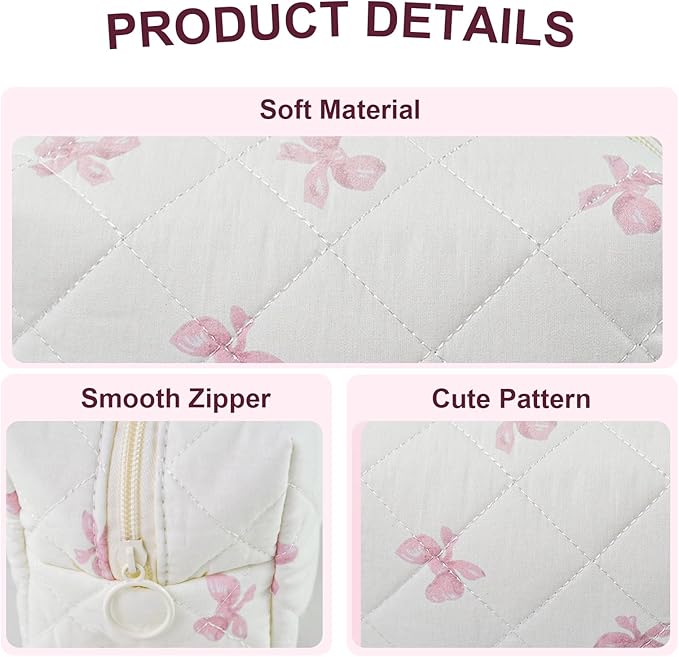 Quilted Makeup Bag Floral Cotton Make up Bag Puffy Coquette Makeup pouch Aesthetic Cute Travel Toiletry Bag for Women Girls