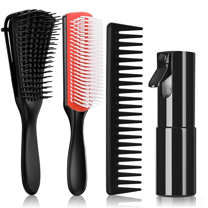 Hommtina Detangling Brush Set with Hair Spray bottle, Hair Brushes for Women and Kids Curly Hair (3 PCS, Black+Red)