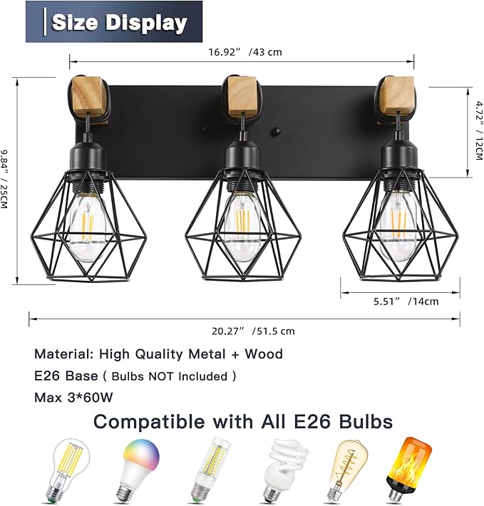 3-Light Farmhouse Bathroom Vanity Light Fixtures, Wood Bathroom Light Fixtures Over Mirror, Rustic Sconces Wall Lighting with Elegant Metal Lampshade for Living Room, Bedroom, Hallway
