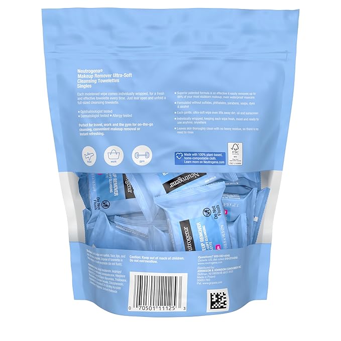 Neutrogena Makeup Remover Wipes, Daily Single Face Cleansing Towelettes, Makeup Removing Cleansing Wipes Removes Dirt & Oil, Alcohol-Free Face Towelettes, 20 ct