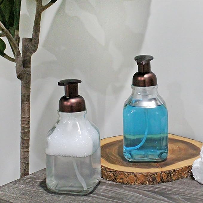 Cornucopia Brands 16-Ounce Square Glass Foaming Soap Dispensers (2-Pack, Clear Bottle w/Bronze Color Pump)
