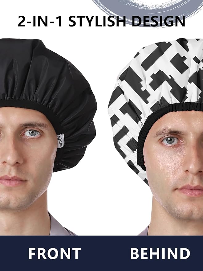 Years calm Men Shower Cap Reusable Waterproof, Dual-Layer Design, Double-Sided Use,Protects Hair in Shower, Spa, Travel & Cooking, Adjustable Elastic for Comfortable Fit (Black Striped, One Size)