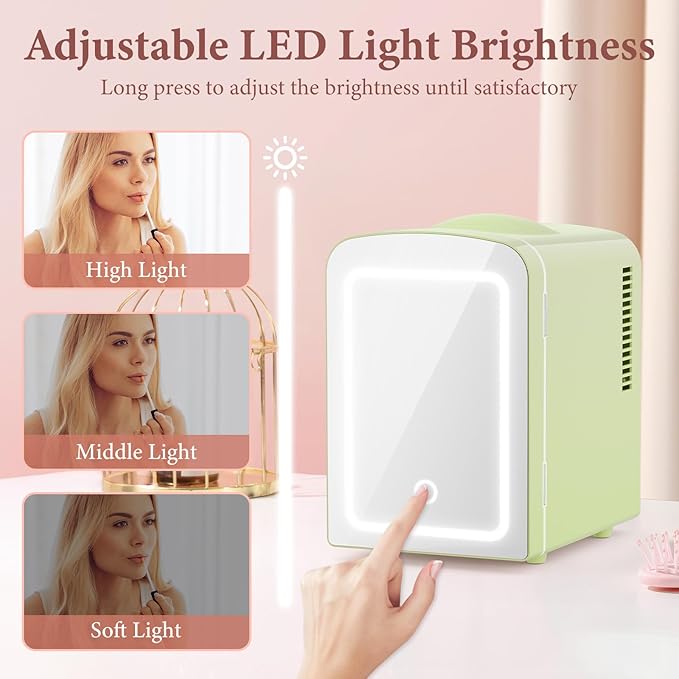 Xbeauty Skincare Mini Fridge With Dimmable LED Mirror, 4L Mini Makeup Refrigerator for SkinCare, Cosmetics, Food & Drinks, Portable Small Refrigerator for Bedroom, Dorm, Car, Office, Green