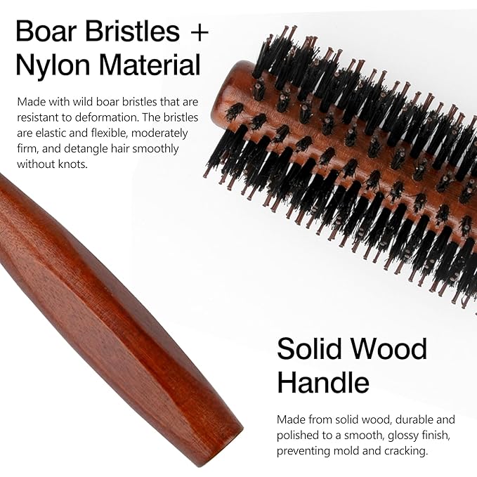 Round Boar Bristle Hair Brush with Wooden Handle Ideal for Styling Medium to Long Hair Thick, Fine, Curly, Or Straight Hair, Enhances Volume and Shine, Brown
