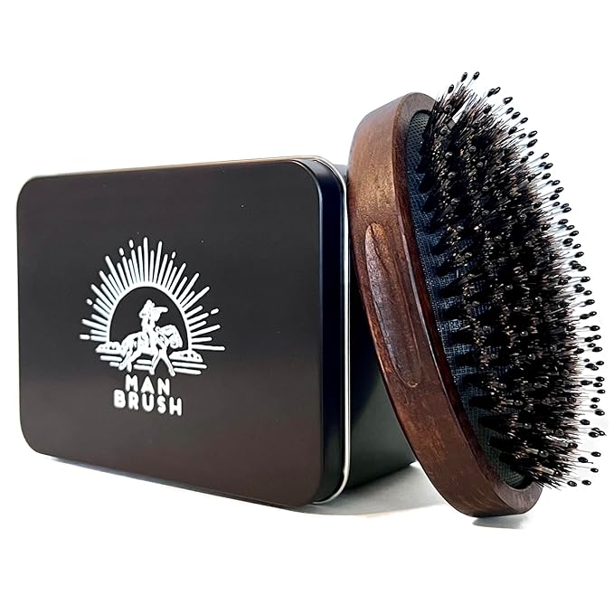 Beard Brush for Men – Boar Bristle & Nylon Military-Style Palm Brush – Dual Soft & Stiff Bristles for Hair & Beard Grooming – Travel Size – Gift Tin Included