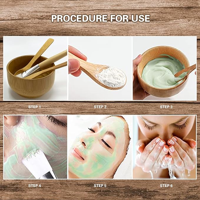 Face Mask Mixing Bowl Set Bamboo,7 Pcs DIY Facemask Mixing Tool Kit with Facial Mask Bowl,Spatula,Spoon,Brush,Empty Refilable Lotion Pump Bottle,Cream Jar and Dropper Bottle for Skincare