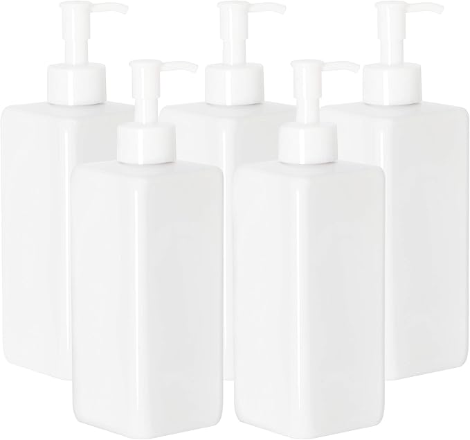 Youngever 5 Pack 16 Ounce Plastic Pump Bottles, Refillable Square Plastic Pump Bottles for Dispensing Lotions, Shampoos and More (White)