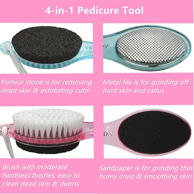 Foot File Callus Remover 4-in-1, 3 Pcs Feet Scraper Pedicure Tools with Pumice Stone, Scrubber Brush, Foot Rasp and Sand Paper, Double Sided Multi Purpose, Clear Pink, Blue, Black