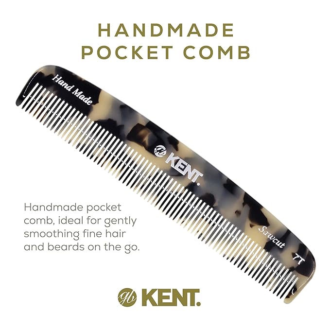 Kent 7T TW Handmade All Fine Tooth Pocket Comb for Men, Hair Comb Straightener for Everyday Grooming Styling Hair, Mustache and Beard, Use Dry or with Balms, Saw Cut and Hand Polished, Made in England