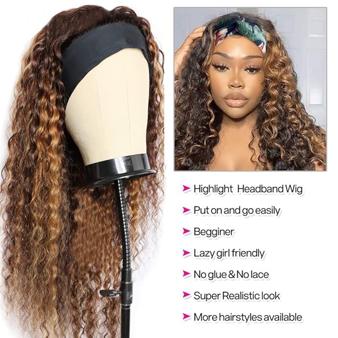 XSY Highlight Headband Wig Human Hair Curly Headband Wigs for Black Women None Lace Front Machine Made Human Hair Wig 150% Density 4/27# Highglight Wig (20 Inch)