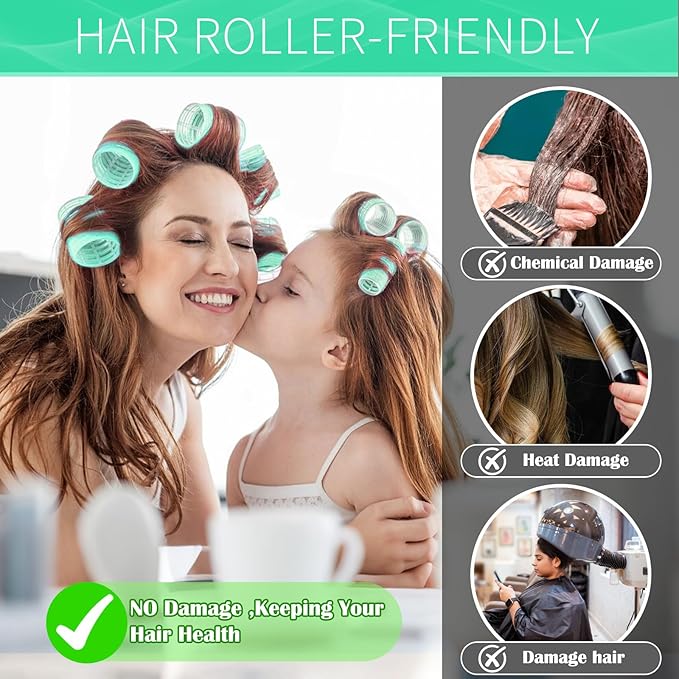 Hair Rollers, 12 Pack Self Grip Salon Hairdressing Curlers, DIY Curly Hairstyle, Large Rollers 1.57In Green