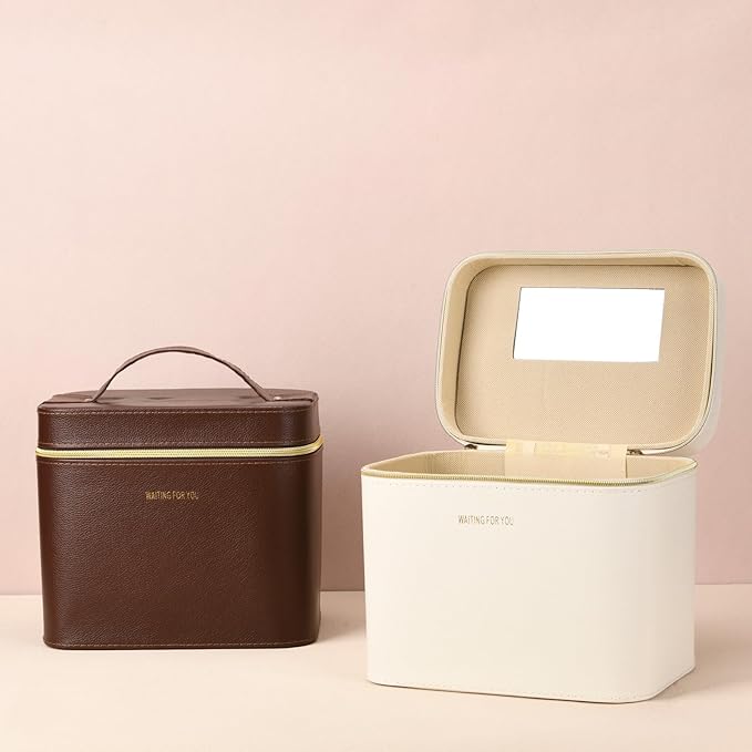 Luxury Hard brown makeup box, Portable leather hard cosmetic case with mirror, Sturdy train case make up box for women adults. (Monolayer - Brown)
