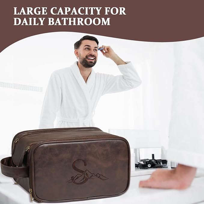 Janhavi Large Make Up Bag for Traveling, Gifts for Father's Day, Waterproof Laser Engraved Initials & Mountain, Men's Accessories Organizer, Groomsmen Gifts for Him, Travel Essentials (Dark Brown K)