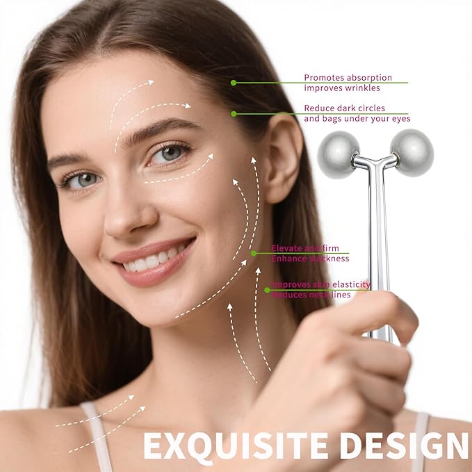 3-in-1 Stainless Steel Facial Massage Set, Face Roller, Gua Sha Tool, Eye Cream Applicator, Silver,Gifts for Women and Girl