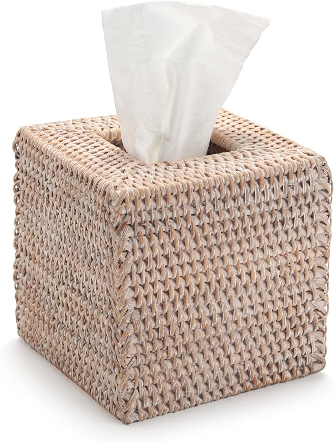 Rattan Tissue Box Cover Natural Woven Facial Napkin Holder Square (White, 5.5x5.5x5.9 Inch)