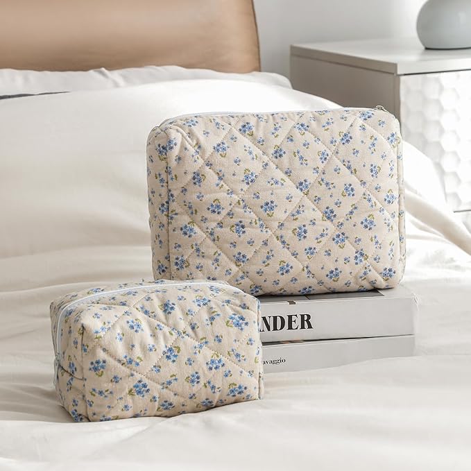 uekeboag Quilted Cotton Makeup Bag,Coquette Quilted Toiletry Bag for Women and Girls,Floral Coquette Pouch,Cute Kawaii Travel Cosmetic Bags(Demin Blue)