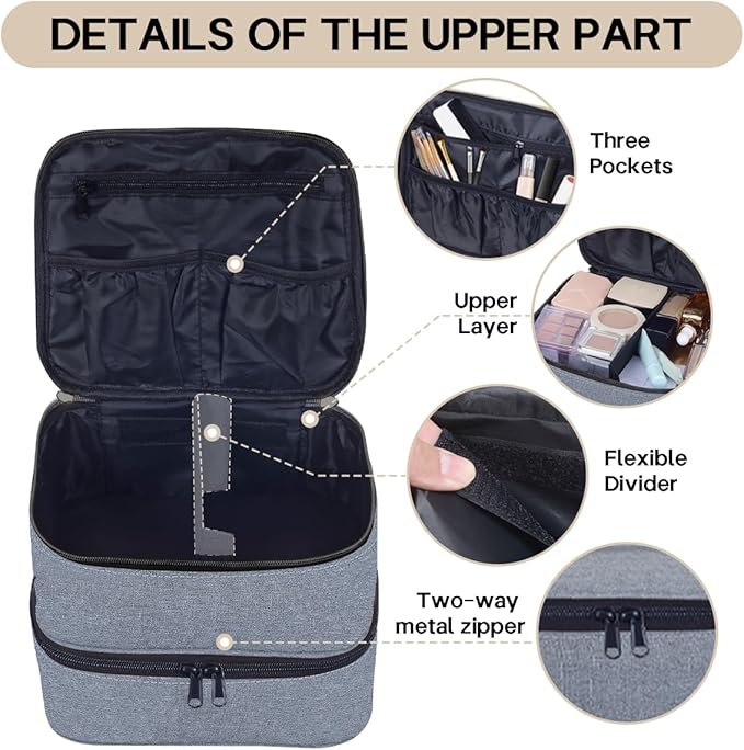 Double Layer Makeup Bag Portable Large Cosmetic Case Organizer with Adjustable Dividers Storage Travel Bag for Accessories Brushes Conditioner and Skin Care Products (Grey)