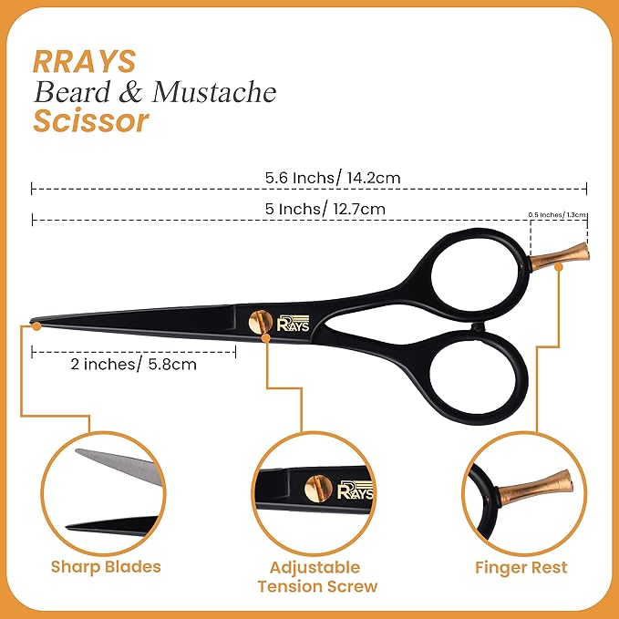 5'' Beard Scissors for Men- German Mustache Scissors with Beard & Mustache Comb- Beard Trimming Scissors with Travel Pouch- Mustache Grooming kit for Men Facial Hair Styling-Mustache Trimmer.