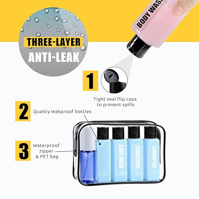 Labeled Travel Bottles for Toiletries, 3.4oz TSA Approved Travel Shampoo and Conditioner Bottles with Spray, Leak Proof Clear Plastic Containers with Flip Cap-5 PCS