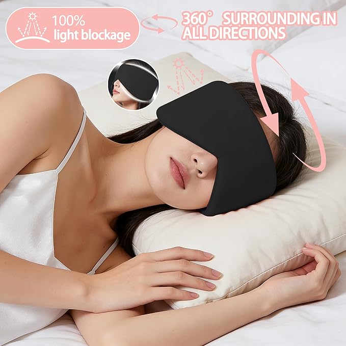 Reversible Warm & Cool Sleep Mask Wrap-Around Blackout Eye Masks for Side Sleepers Adjustable Unisex Eye Cover for Travel Office & Rest Black