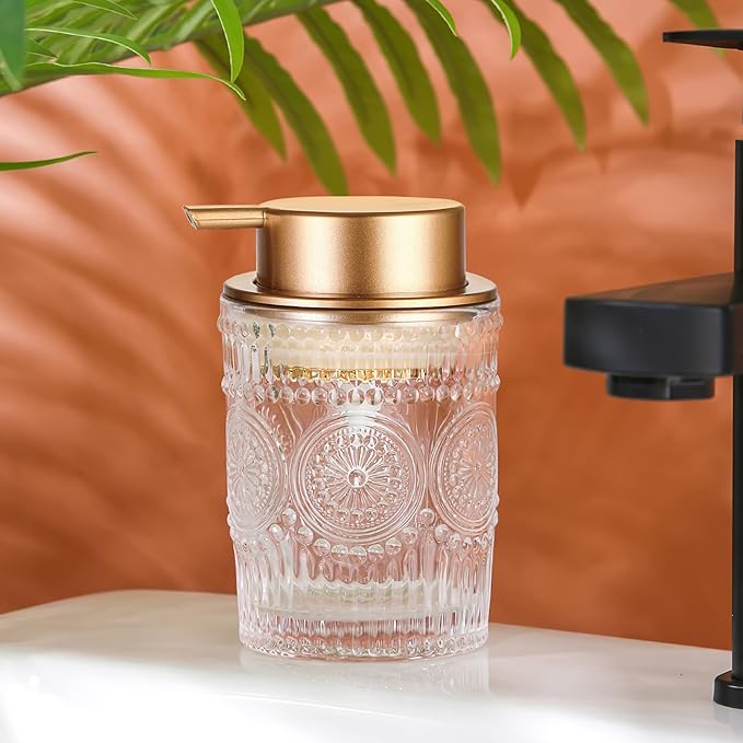 8 Oz Glass Foam Soap Dispenser, Clear Hand Liquid Bottles with Gold Plastic Pump, Refillable Round Foaming Lotion Dispensing for Kitchen Sink & Bathroom Counter