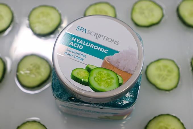 SpaScriptions Hyaluronic Acid Sugar Scrub - Hydrating Body Scrub Exfoliator with Seal Salt & Cucumber, Ideal for Dry & Rough Textured Skin, Helps Support Refershed, Hydrated & Smooth Skin, 21 oz