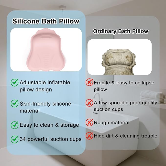Silicone Bath Pillow for Tub – Ergonomic Bathtub Headrest with Inflatable Air Cushion, Non-Slip Suction Cups & Neck/Back Support – Comfortable Spa Bath Accessory for Relaxation (Pink)