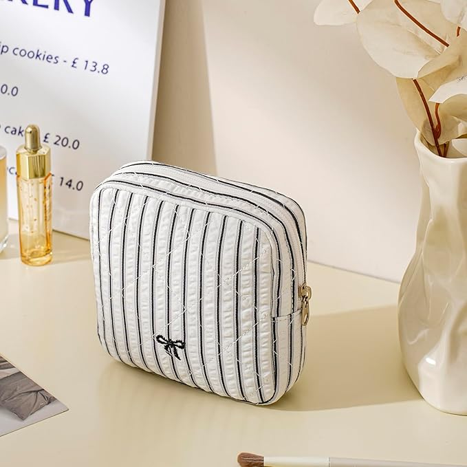 Small Quilted Striped Cosmetic Pouch for Purse, Mini Cotton Makeup Bag with Compartments, Cute Zipper Lipstick Holder for Women (24 Black Stripes)