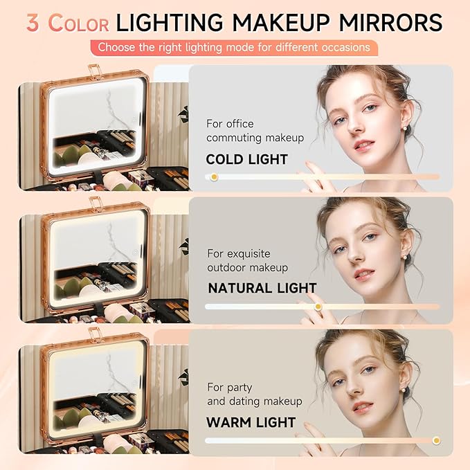 Leeora&Leekoo Makeup Box with Lighted Mirror,Portable Makeup Train Case Organizer (Rose Gold)