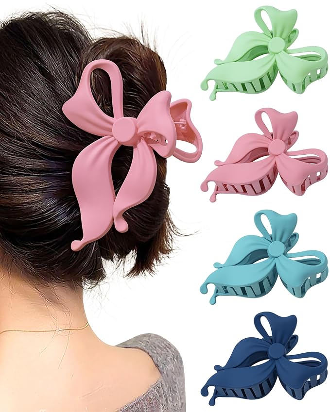 Mesovor 4 pack Cute Bow Claw Clip for Women, Nonslip Large Matte Strong Hold Bows Hair Clips for Thin and Thick Hair | Chic Hair Styling Accessories (4.1" Navy, Blue, Light Green, Pink)