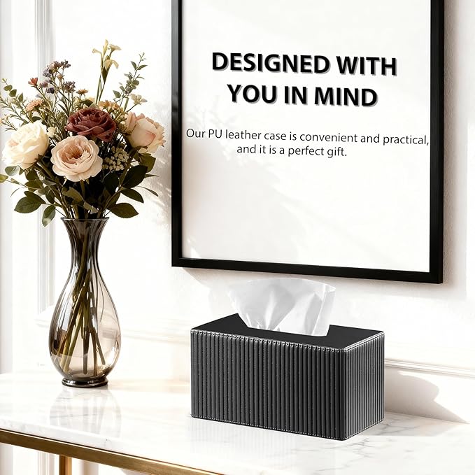 Fanousy Large Tissue Box Cover Rectangular with Bottom Belt, Fits 230-Count Kleenex, Modern PU Leather Facial Tissue Dispenser Holder for Bathroom Vanity, Nightstand, Bedroom, Office, Home Decor