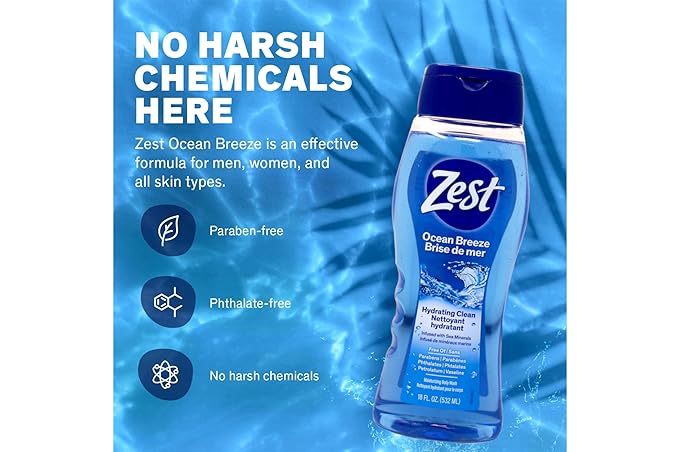 Zest Body Wash - Enriched with Sea Minerals - Invigorating Scent - Hydrating Body Soap - Suitable for All Skin Types - Ocean Breeze - 6 pc