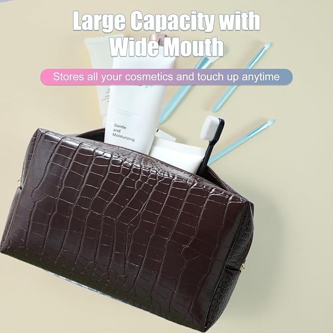 Makeup Bag for Purse, Compact Toiletry Pouch, Crocodile-Embossed Cosmetic Travel Bag, Small Makeup Pouch, Unisex Toiletry Travel Bag
