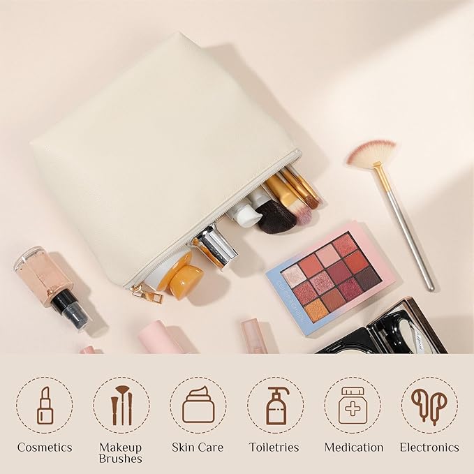 Kigeli PU Leather Makeup Bag for Women Gift Cosmetic Pouch for Purse Waterproof with PU Leather Travel Toiletry Organizer with Zipper for Women Bridesmaid Friend Gift(White)