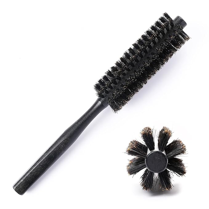 Mozeat Lens Boar Bristle Round Hair Brush, Hair Brush for Women & Men's Short Fine Hair, Beard, Natural Wooden Handle, Travel Size, 21cm(8.26in), Black