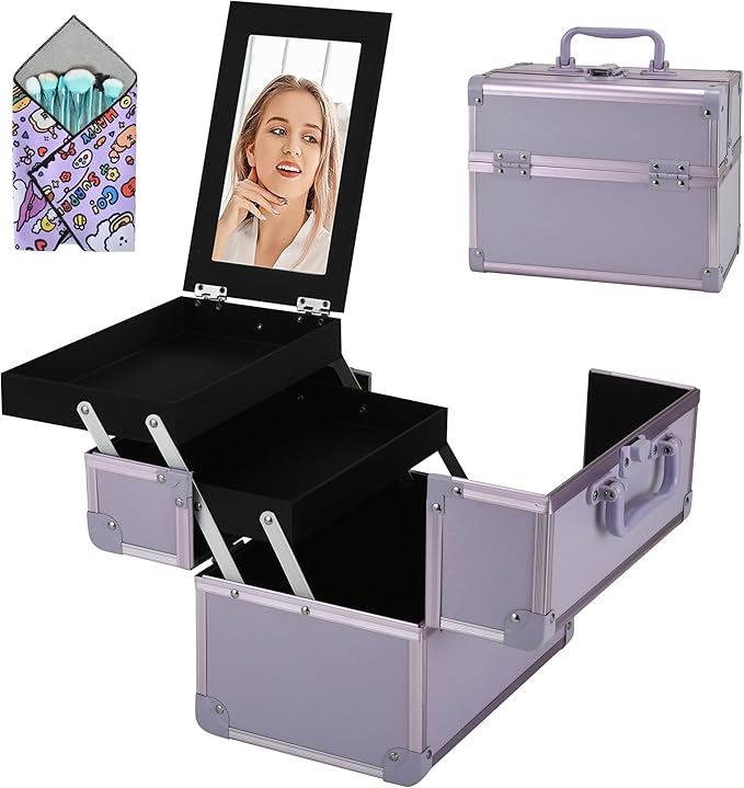 Makeup Train Case, Portable Makeup Case with Mirror, 2-Trays Cosmetic Organizer Case,Nail Polish Organizer, Travel Makeup Box, Profesional for Salon Barber, Purple